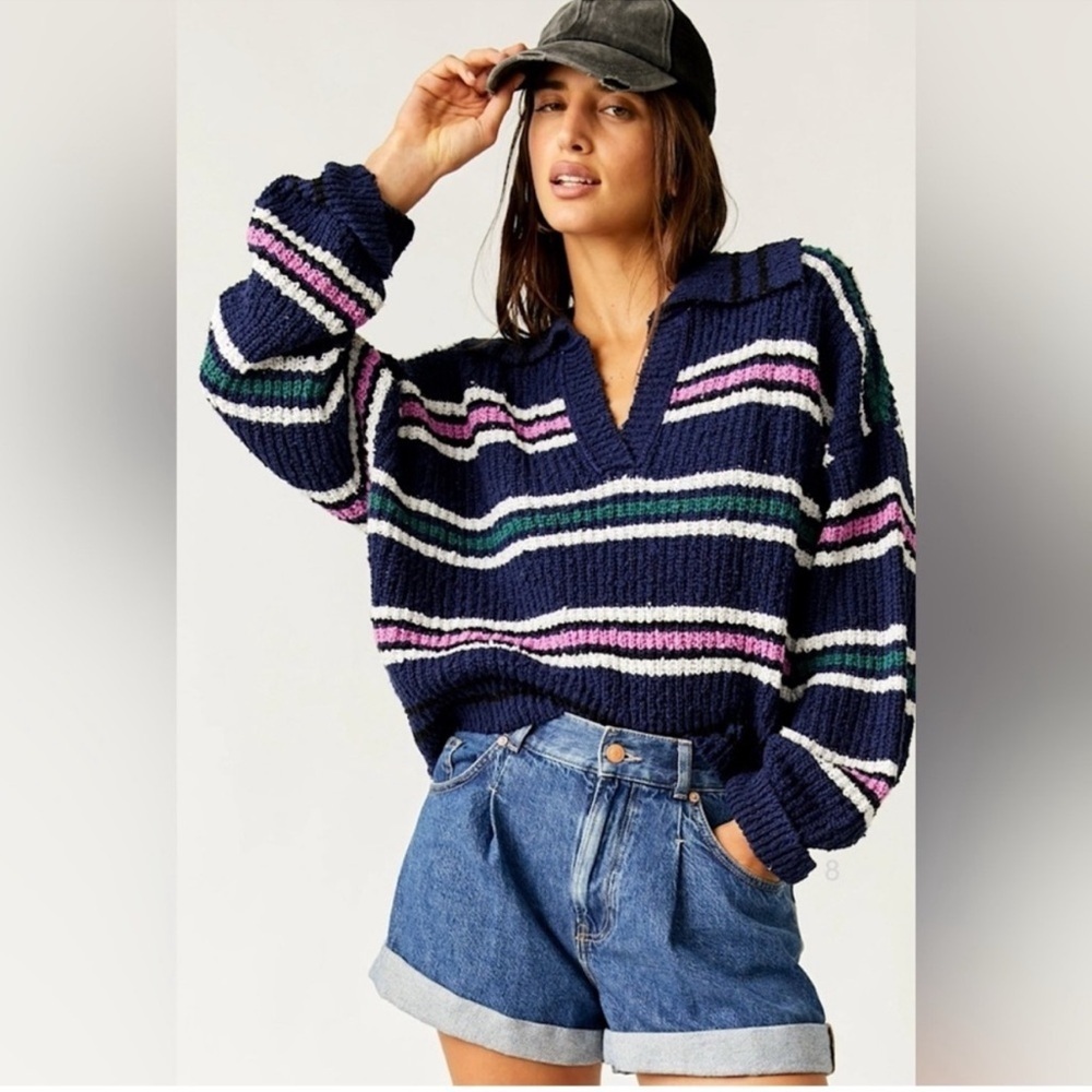 NEW Free People Kennedy Midnight Sail Stripe Navy V-Neck Knit Sweater XL